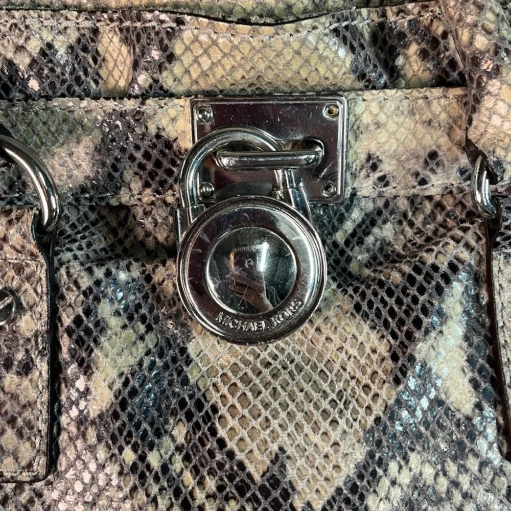 Michael Kors Hamilton Snakeskin Embossed Leather Satchel Bag Silver Hardware